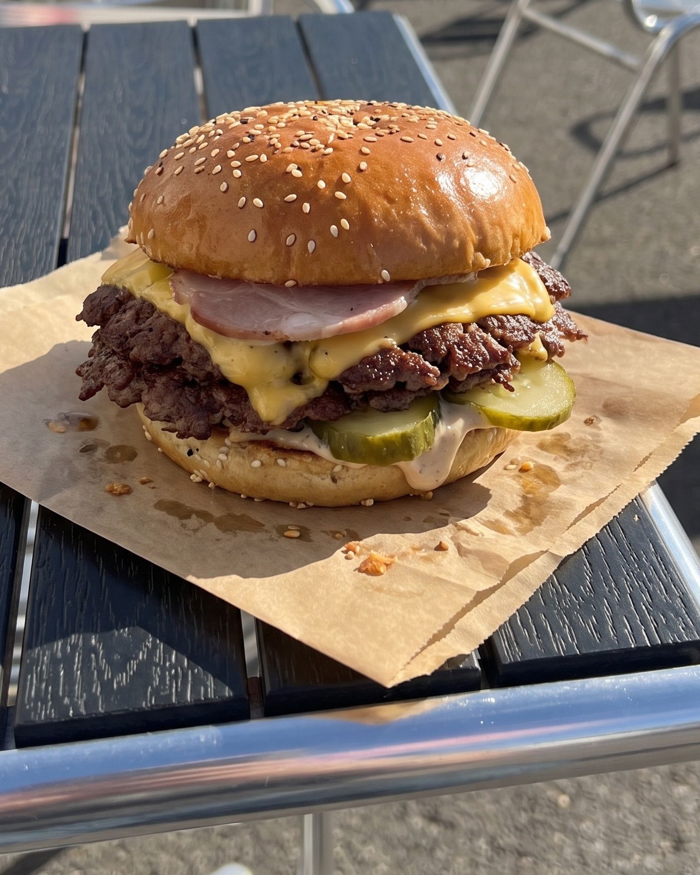 Cheesy: Briochebröd, 2×100 g nötkött, 2× cheddarost, originaldressing, ättiksgurka samt vedrökt karré.