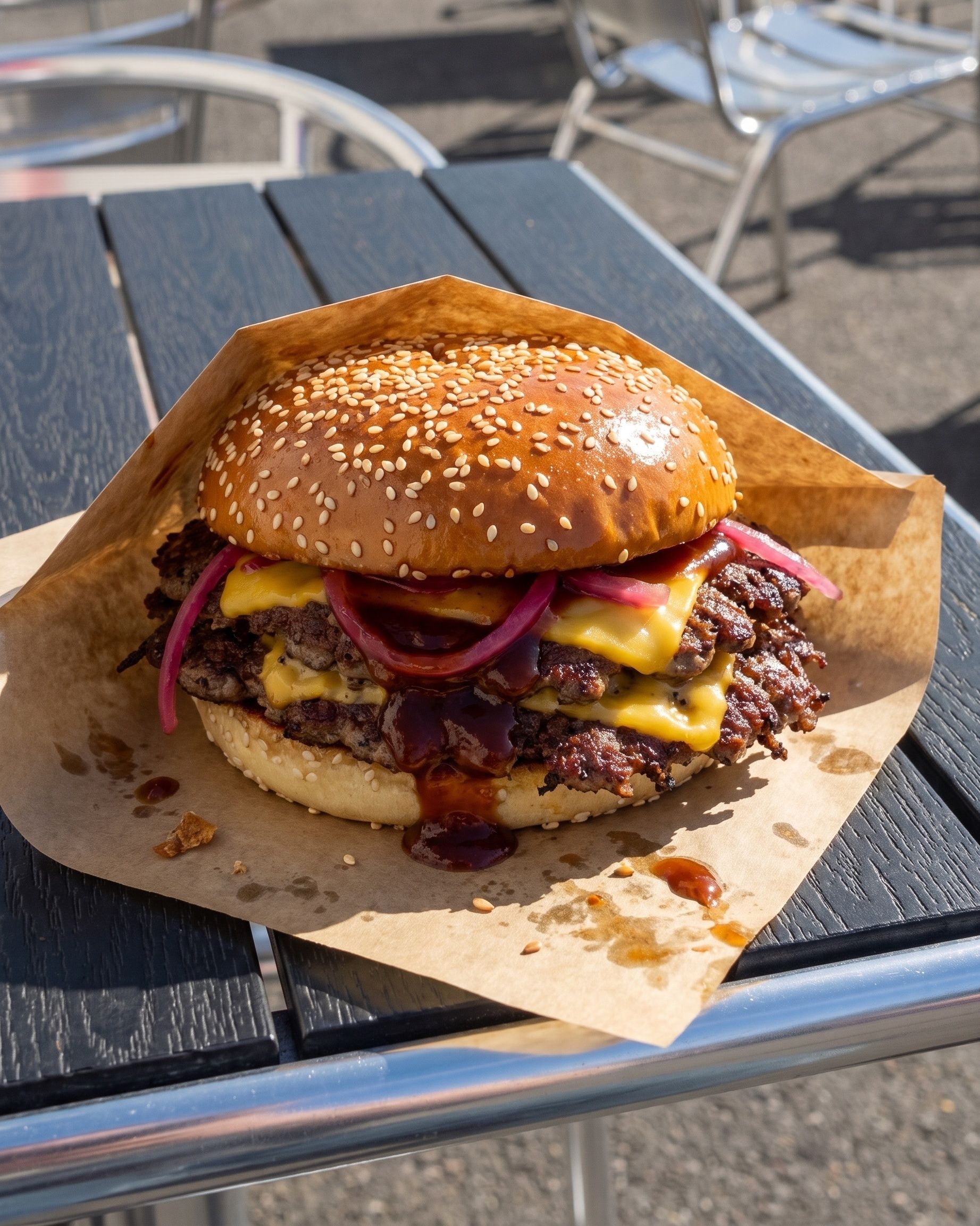 Smokey BBQ: Briochebröd, 2×100 g nötkött, 2× cheddarost, majonnäs, picklad rödlök samt bbqsås.