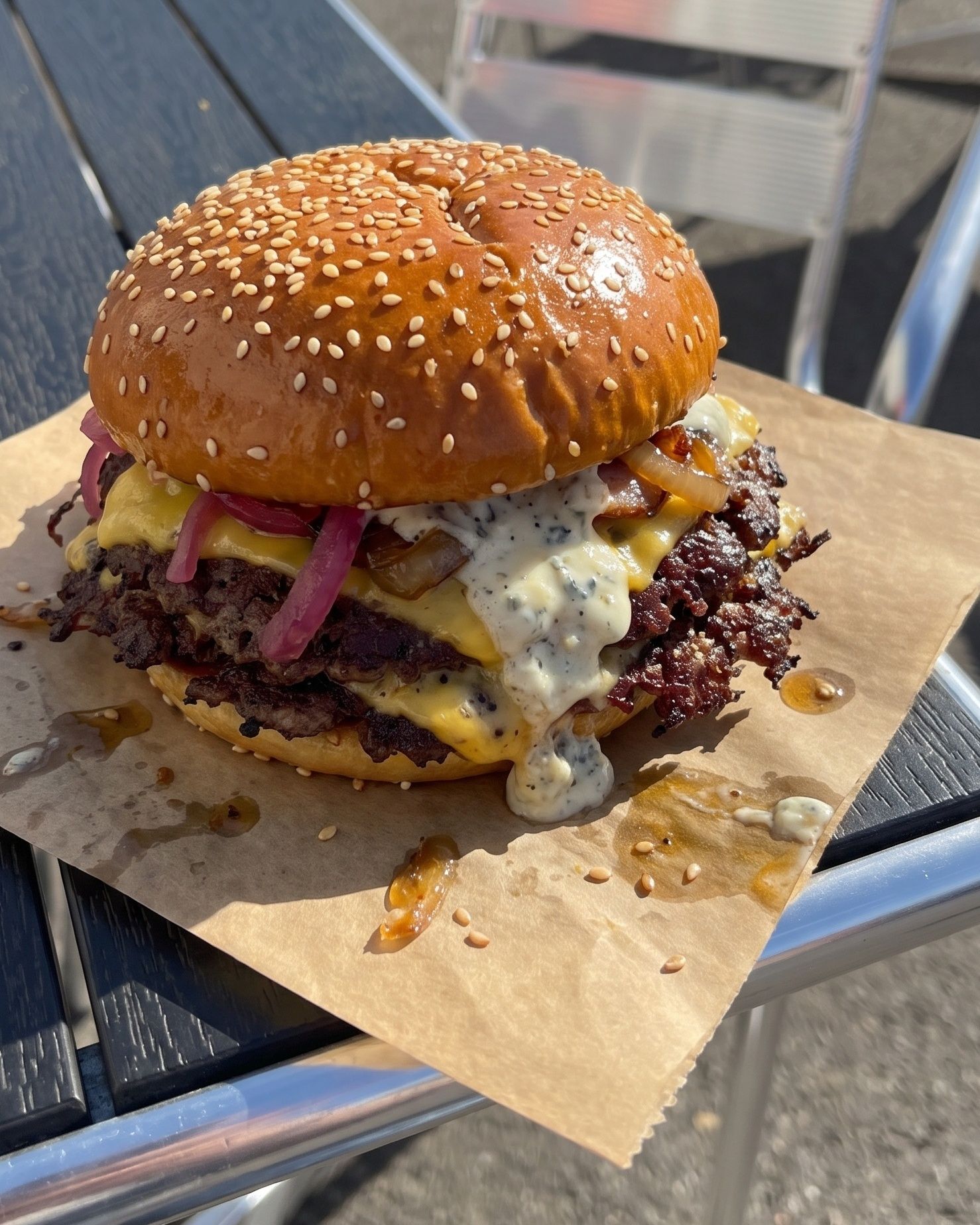 Blue Cheese: Briochebröd, 2×100 g nötkött, 2× cheddarost, blåmögelostdressing, picklad rödlök, stekt lök samt vedrökt karré.