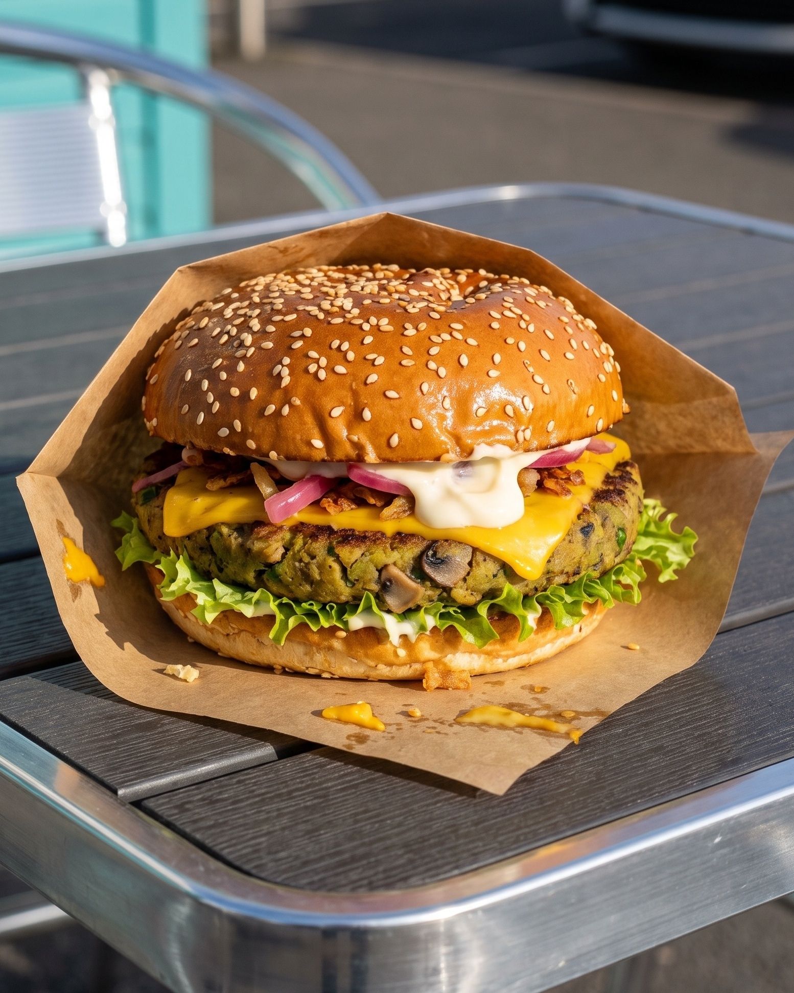 Vegetarisk alt. vegan: Briochebröd, ärt- och svampburgare, majonnäs, cheddarost, krispsallad, picklad rödlök samt stekt lök.