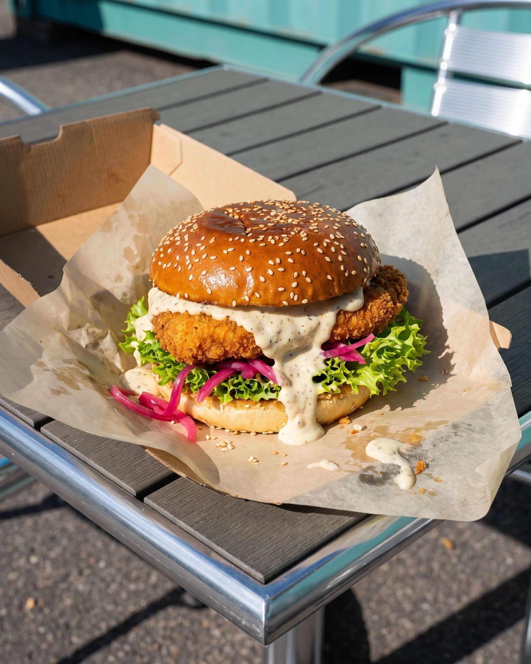 Crispy Ceasar: Briochebröd, friterad kyckling, Ceasardressing, krispsallad samt picklad rödlök.