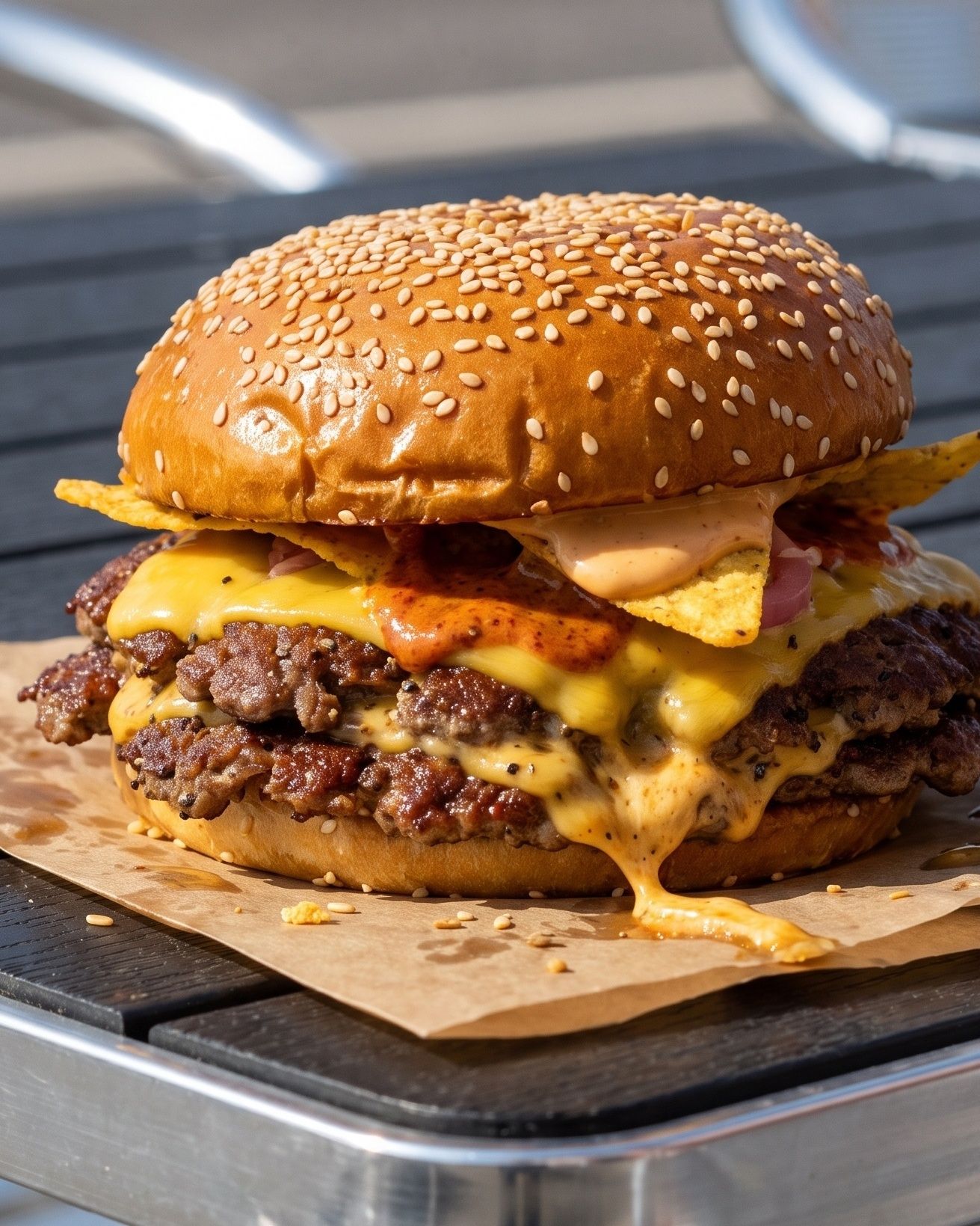 Chipotle: Briochebröd, 2×100 g nötkött, 2× cheddarost, chipotledressing, cheddardressing, picklad rödlök samt nachochips.