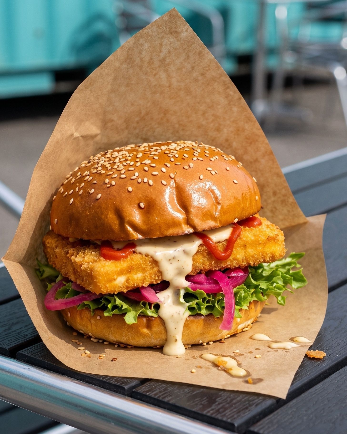 Halloumi: Briochebröd, friterad halloumi, originaldressing, krispsallad, picklad rödlök och sriracha.