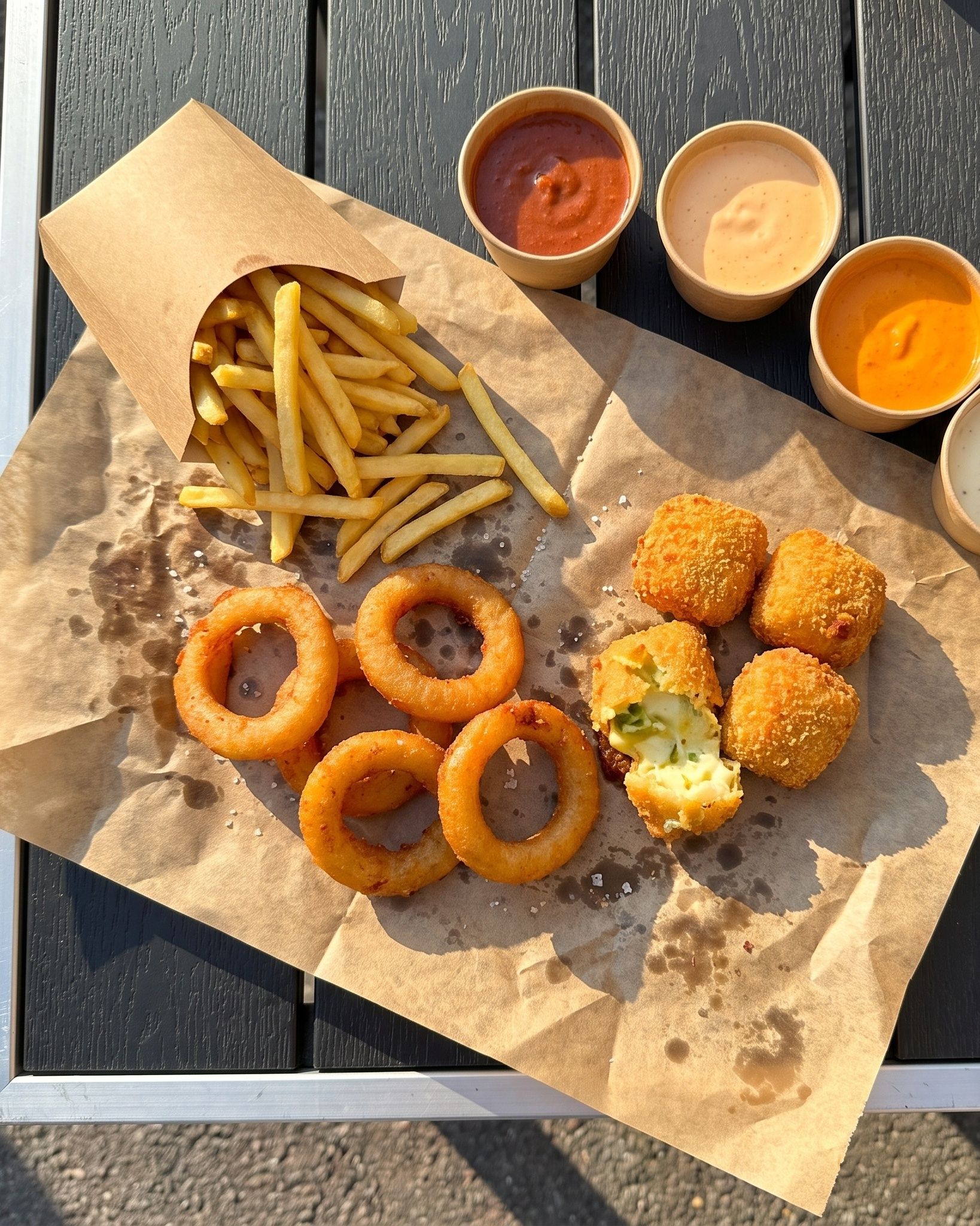 Pommes, lökringar, chili cheese och fyra dippar på kraftpapper.